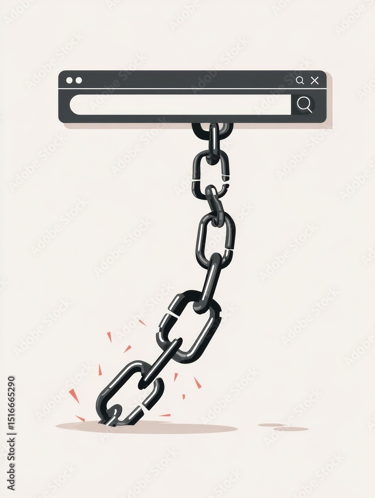 Fototapete Broken Link Chain Hangs From URL Bar Illustrating Internet Connectivity Issues and Online Accessibility Challenges, With Open Right Margin