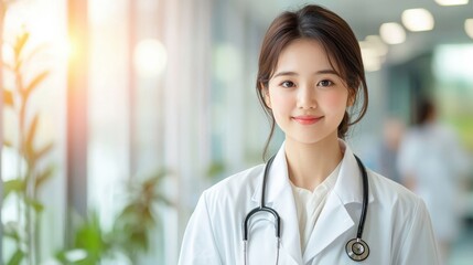 the young asian doctor is wearing a white coat and stethoscope around their neck, standing confidently in a brightly lit hospital hallway