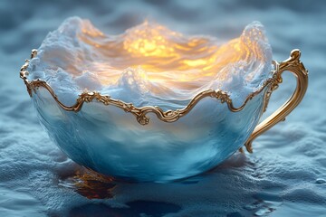 A surreal digital art piece featuring a teacup filled with ocean waves, ideal for dreamy themed designs, relaxation promotions, or creative projects around tranquility.
