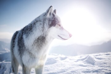 Fototapeta premium Wolf stands vigilant in snow covered landscape