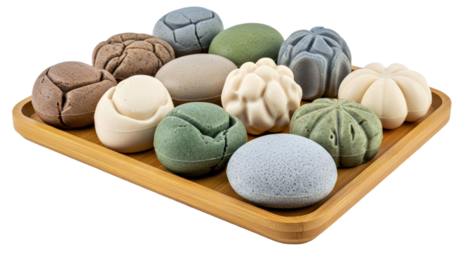 Beautiful artisan soap bars, uniquely shaped like natural stones, are elegantly presented on a rustic bamboo tray. Perfect for natural skincare, wellness, and spa themes.