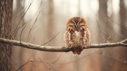 Sleepy owl perched on a branch in a forest.