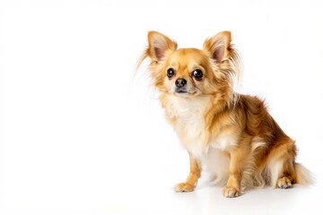 Cute long-haired tan chihuahua sitting on white background - Chihuahua Appreciation Day