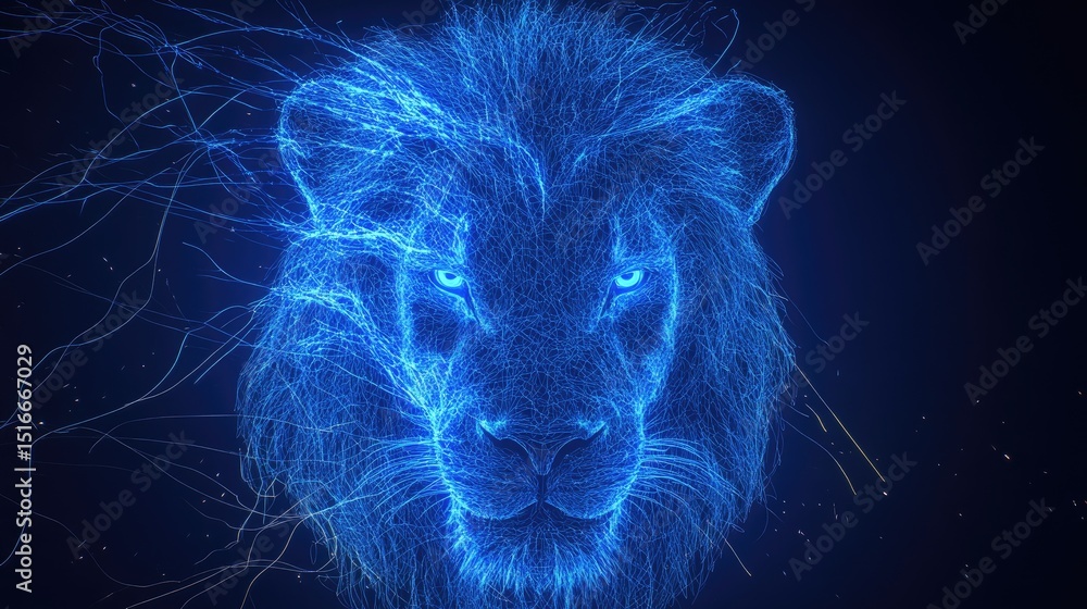 Poster digital rendering of a lion's head in a glowing blue wireframe style.