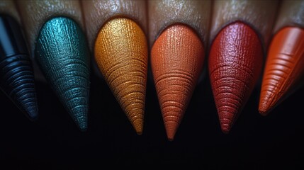 Close-up view of colorful, textured, pointed nail art.
