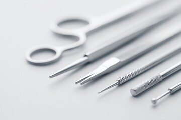 monochrome image capturing set of precisely arranged surgical instruments on pristine white table demonstrating precision