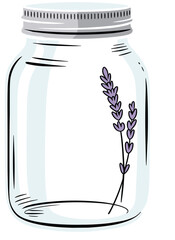 Glass jar with lavender flower, hand drawn vector, transparent mason jar illustration, botanical herb, minimal floral decor, vintage style clipart