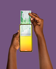 Black African hand Withdrawing pulling removing transferring Nigerian Naira notes through smart mobile phone screen. Online banking transfer receiving payment. money business transaction concept app