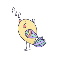 Cute singing bird in colorful doodle style on white background. Hand-drawn cartoon element for kids, prints, stickers, and spring design projects.