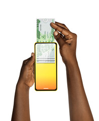 Black African hand Withdrawing pulling removing transferring Nigerian Naira notes through smart mobile phone screen. Online banking transfer receiving payment. money business transaction concept app