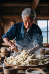 A close-up of a Japanese toji stirring thick sake mash (moromi) in a large wooden steel tank using a long paddle. The background is filled with traditional tools and barrels.