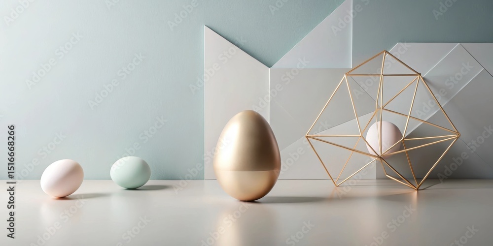 Aufkleber elegant gold egg and pastel eggs rest on a minimalist surface against a geometric backdrop