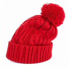 Cozy Red Knit Wool Hat with Pom Pom Isolated on White Background