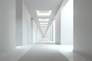 single elegant hallway runner stretching down minimalist corridor flanked by light gray walls