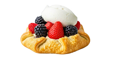 A delightful pastry tart generously topped with ripe blackberries, strawberries, and a dollop of fresh whipped cream. This image captures the essence of a delicious dessert.