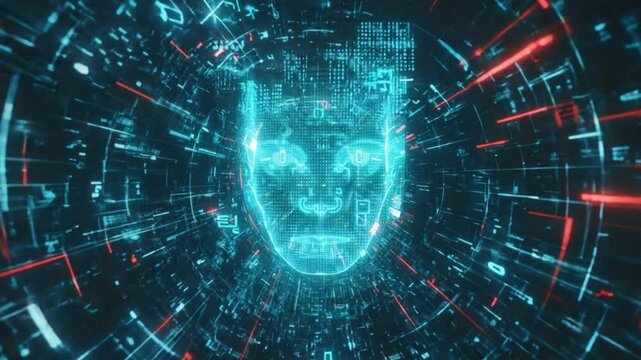 An infinite sea reflective nano glass pulsating circuits, algorithmic waves virtual aurora. single AI entity floats changing human silhouette sphere glowing particles. Code rains sky like digital snow