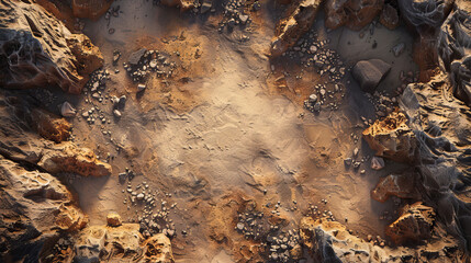 Fantasy top-down map, rocky pit in desert, abandoned with surrounding rocky terrain design.