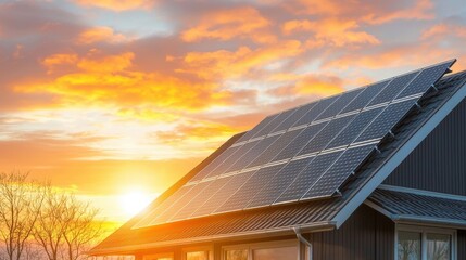 a modern house with sleek black solar panels on its angled roof is backlit by the soft orange and pink hues of a stunning sunset, creating a beautiful silhouette against the colorful sky.