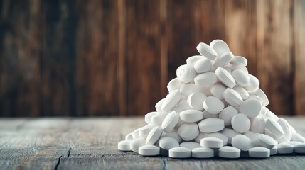A close-up view of a pile of white pills on a weathered wooden table, representing health, wellness, and the pharmaceutical industry in a natural, calming setting.