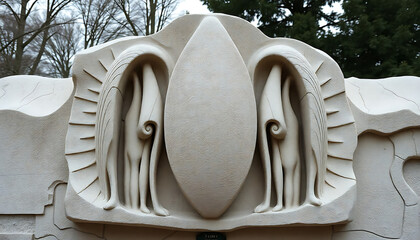 Stone relief sculpture of two winged figures in a serene setting  