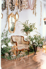 Elegant floral arrangement in a vintage setting with luxurious decor