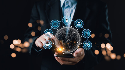 A business professional interacts with a glowing digital globe and AI powered network icons, symbolizing digital market planning, strategic AI integration, and effective management solutions.