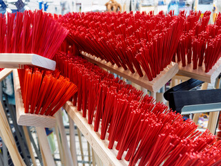 Vibrant Array of Red Cleaning Brushes on Display