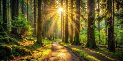 Golden Sunlight Illuminates a Serpentine Path Through a Lush, Mossy Forest, Bathed in the Warm Glow of the Setting Sun