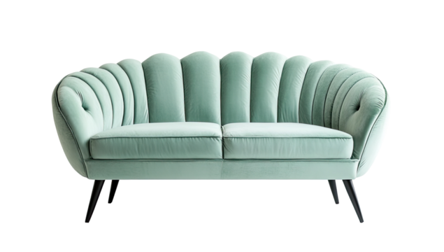 Light mint green velvet loveseat with scallop back