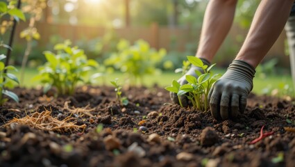 Close Up of Hands Planting Seedlings in Rich Soil at Sunset in a Lush Garden