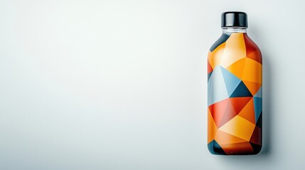 a mockup of a water bottle packaging flatlay, featuring a sleek and modern design with geometric patterns in vibrant colors on a clean white background.