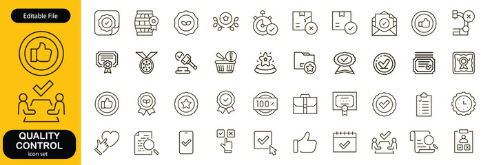Quality control set of web icons in line style. Quality Check computing icons for web and mobile app. Containing inspection, evaluation, production, quality assurance, certificate, testing and more