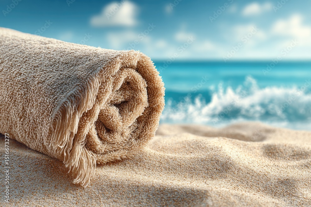 Aufkleber single beach towel on empty sand minimalistic elegance leaving ample copy space above for text place