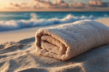 single beach towel on empty sand minimalistic elegance leaving ample copy space above for text placement