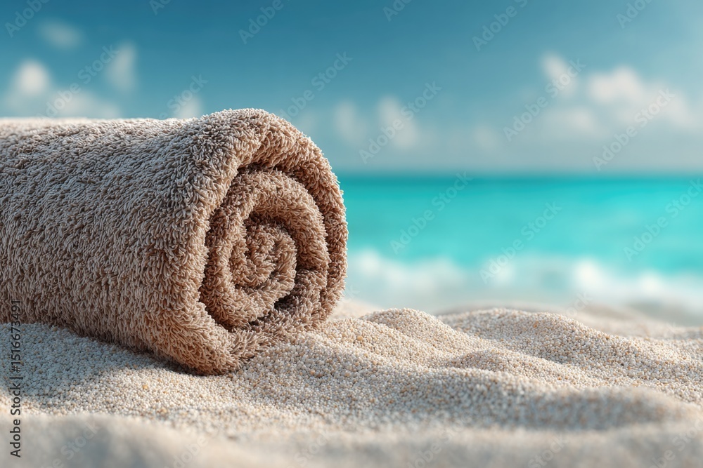 Aufkleber single beach towel on empty sand minimalistic elegance leaving ample copy space above for text place