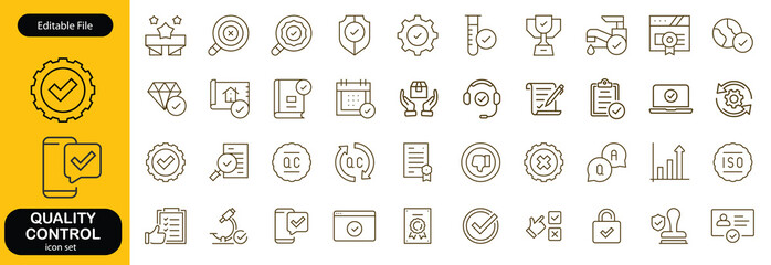 Quality control set of web icons in line style. Quality Check computing icons for web and mobile app. Containing inspection, evaluation, production, quality assurance, certificate, testing and more