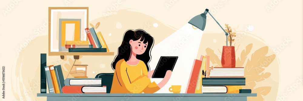 Aufkleber student engaging in online learning with a tablet surrounded by books and a desk lamp in a cozy stud
