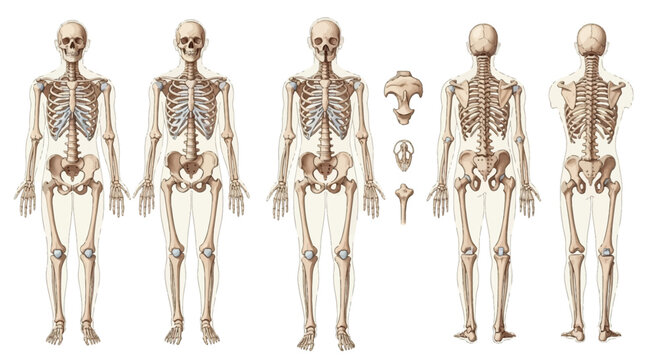 human skeleton front and back anatomy with bone details illustration
