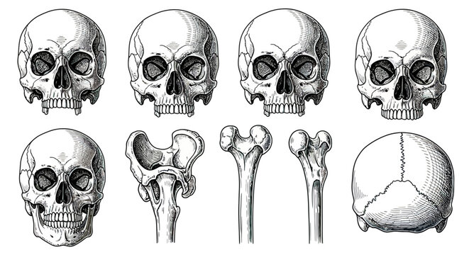 Human skull and femur bone illustrations in vintage style
