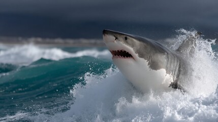 Fototapeta premium Great white shark leaping out of the ocean (1)