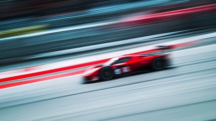 Fototapeta premium Red race car streaks across the track in motion blur.