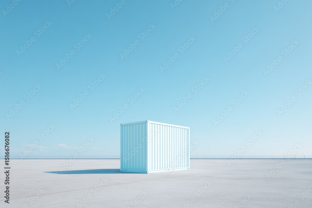 Poster single unmarked cargo container rests isolated on vast empty shipping dock under clear sky