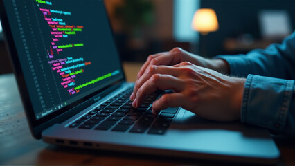 Hands Coding on Laptop with Code on Screen
