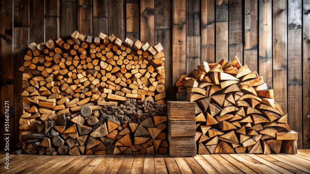 Poster rustic wooden wall with neatly stacked firewood, showcasing a variety of sizes and shapes of logs, c