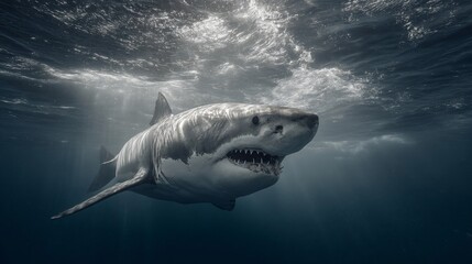 Fototapeta premium Great white shark, powerful predator in deep blue