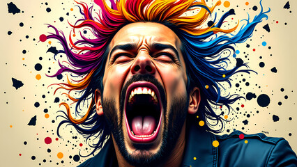 Man with vibrant, multicolored hair passionately screams, surrounded by dynamic paint splatters