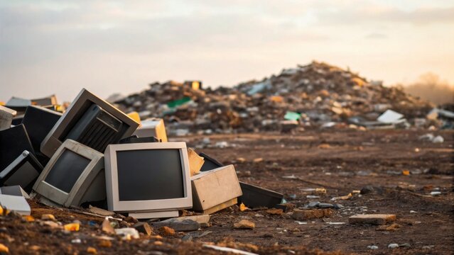 Old computer monitors piled on a landfill, highlighting electronic waste and environmental pollution at sunset.