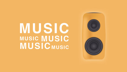 Realistic wooden subwoofer front view with music text on matching wood background