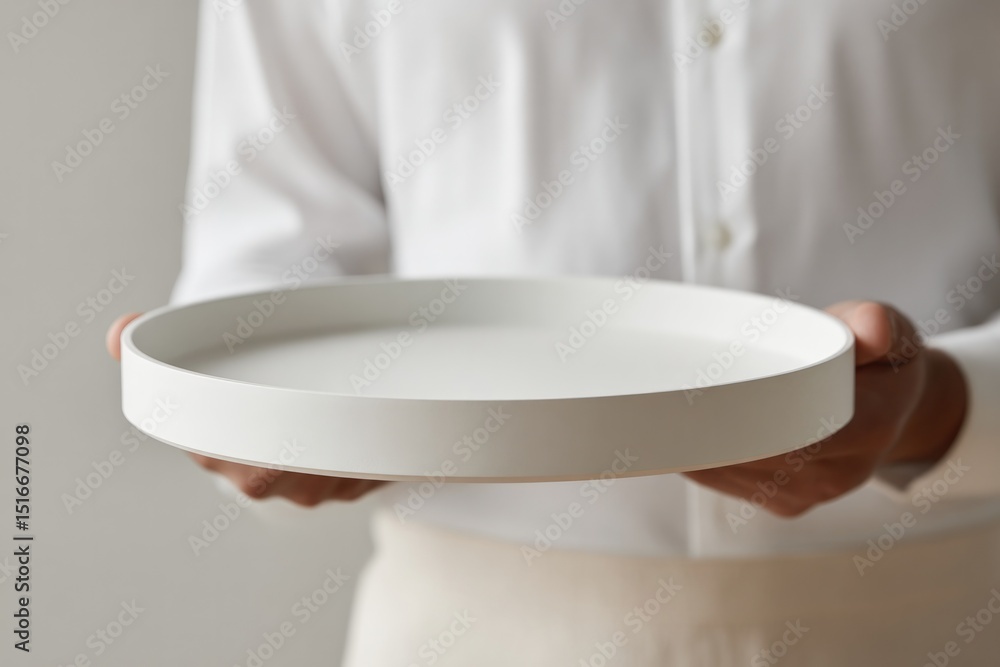 Poster waiter holding empty tray in minimalistic setting