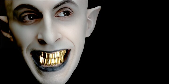 photo of nosferatu with gold teeth grill 